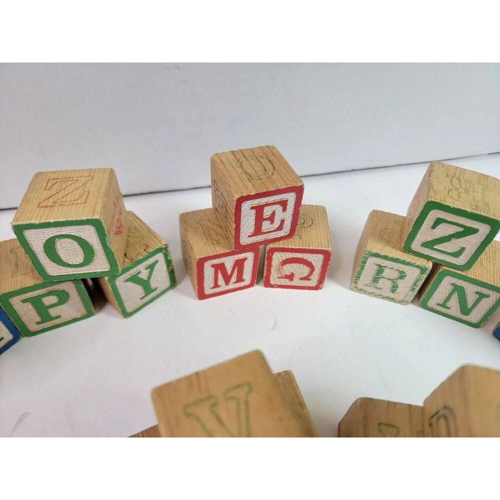 Wooden Alphabet ABC Blocks Vintage Style Colored Letter Learning Toy Lot